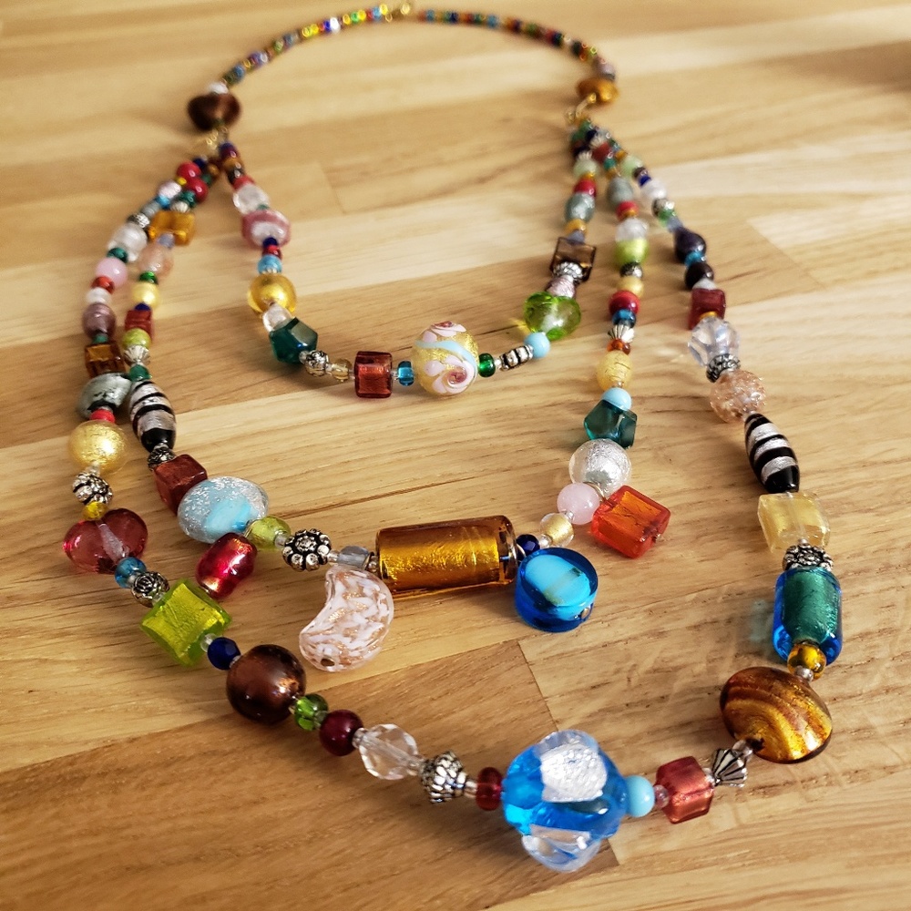 Colorful Glass Bead Tri Strand Necklace!